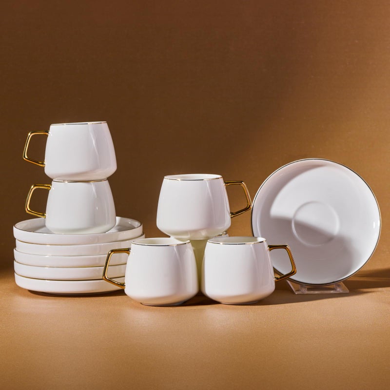 KARACA Saturn Gold Turkish Coffee Cup Set of 6, (12 Piece) Espresso Cups with Saucers - 3.3 oz Small Porcelain Modern Set - Ideal for Serving Greek, Arabic Coffee - Image 1